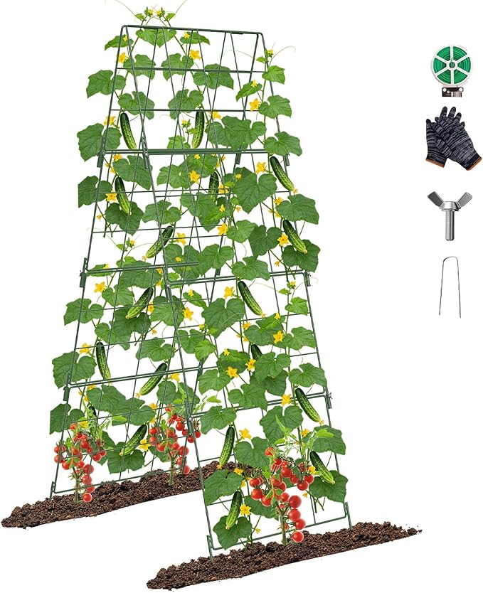 Adjustable A-Frame Trellis for Climbing Plants Outdoor, 48"x16" Cucumber Trellis for Raised Bed, Metal Garden Trellis with Grid Design, Tomato, Grape, Bean, Pea, Squash, Vegetable Trellis (Green)