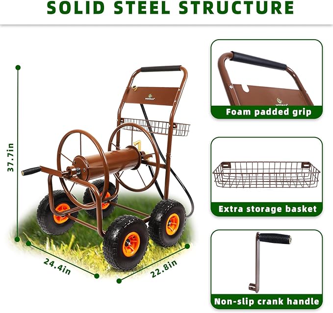 2025 Upgrade Hose Reel Cart, Hold Up to 300 ft of 5/8'', Garden Hose Cart with 4 Wheels, Heavy Duty Freestanding Water Hose Reels for Outside Garden Lawn Yard Outdoor