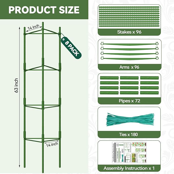 Halatool 63 Inch Tall Tomato Cage 8 Pack, Adjustable Tomato Cages for Garden, Garden Stakes Tomatoe Trellis for Pots, Tomatoes Plant Support for Raised Garden Bed & Vegetables Flowers
