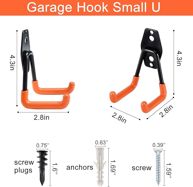 Aoben Heavy Duty Steel Garage Storage Hooks - Utility Tool Hangers and Combinable Wall Mount Hooks for Organizing Ladder, Hold Chairs, Heavy Tools (Small U, 10 Pack)