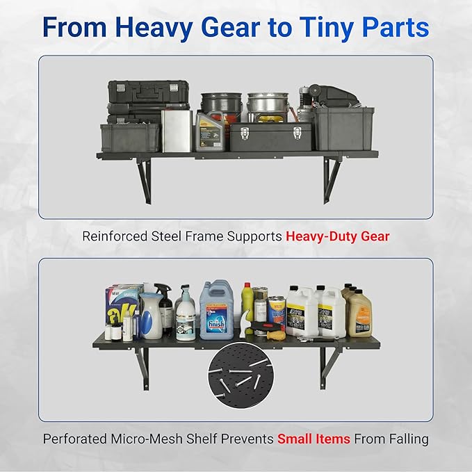 FLEXIMOUNTS 2-Pack 1x6ft Garage Shelving 14-inch-by-68-inch Perforated Wall Shelf, Heavy Duty Garage Storage Rack with 1400 lbs Load Capacity, Wall Mounted Organization System for Tools, Heavy Bins
