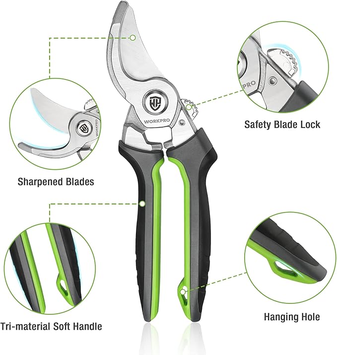 WORKPRO Garden Bypass Pruning Shears, 8.5" Pruning Scissors with CRV Integral Forged Blades, Garden Clippers Hand Tools for Cutting and Trimming Bonsai, Branch, Herb, Rose, Flower