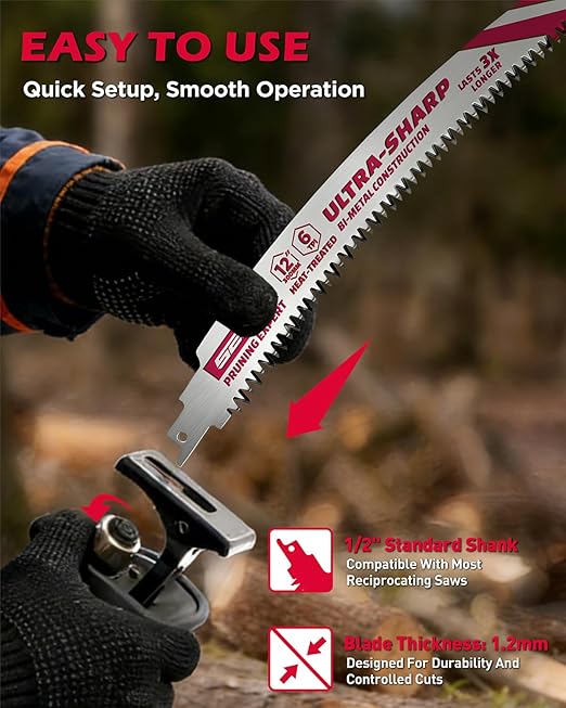 12 Inch Japanese Teeth Reciprocating Saw Blades, 6TPI Arc Edge Wood Pruning Saw Blades Set with Storage Box for Tree Trimming, Wood Cutting, 5 Pack