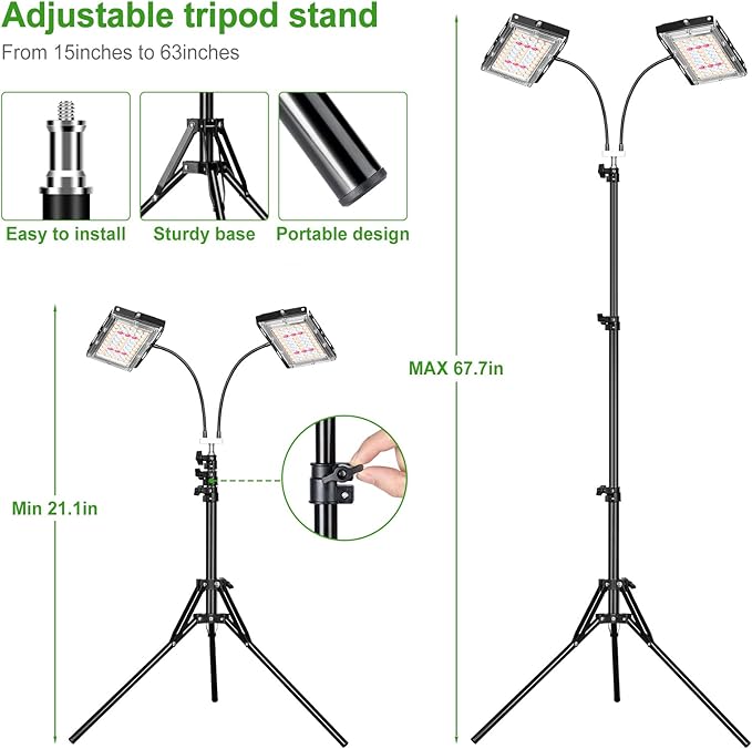 LBW Grow Light for Indoor Plants, Dual Heads Full Spectrum LED Plant Light with Stand, Auto On/Off Timer, 6 Dimmable Levels, 3 Switch Modes, Adjustable Tripod Stand 15-63 inches
