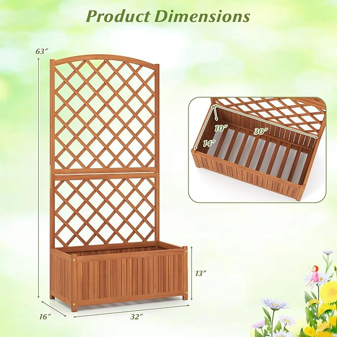 Giantex Solid Acacia Wood Planter Box with Trellis, 63" Raised Garden Bed with Trellis, Plant Box, Slat Base, Outdoor Privacy Planter for Vine Climbing Plants Flowers, Garden, Patio, Balcony