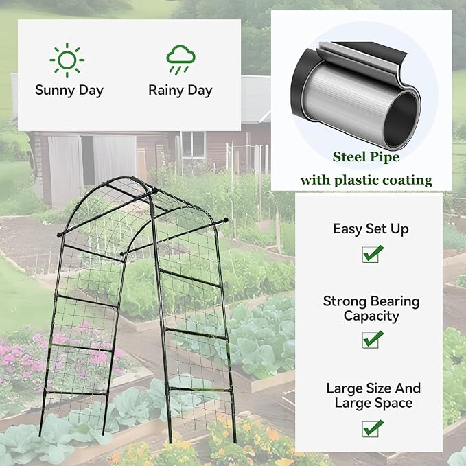 7FT Tall Garden Arch Trellis for Climbing Plants Outdoor Cucumber Trelli for Raised Bed, Metal Trellis Support with Net for Vegetables Tomato Zucchini Squash Beans Peas Melons, Rose Flowers,Vines