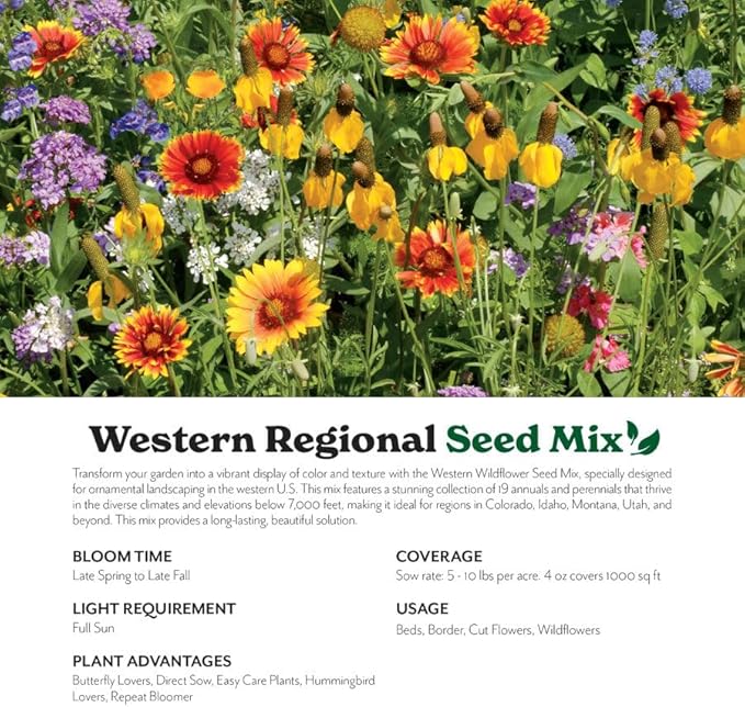 Grow Your Own Vibrant Annual and Perennial Wildflower Garden Seeds Mixture, Varieties for Pollinators and Spring Gardens - Western Regional Mix, 5 lbs