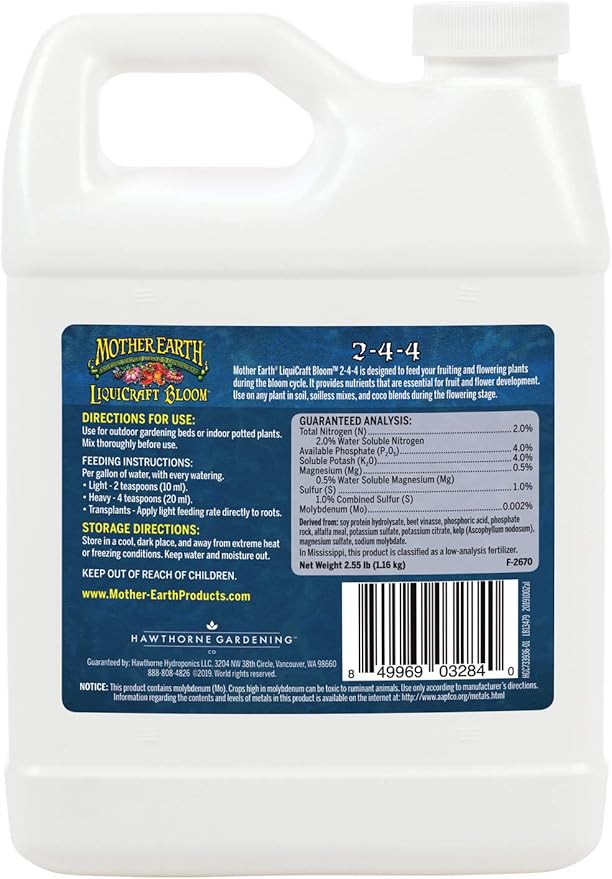 Mother Earth Products LiquiCraft Grow 4-3-3 and Mother Earth LiquiCraft Bloom 2-4-4 Liquid Fertilizer Bundle, 1 Quart Each,White