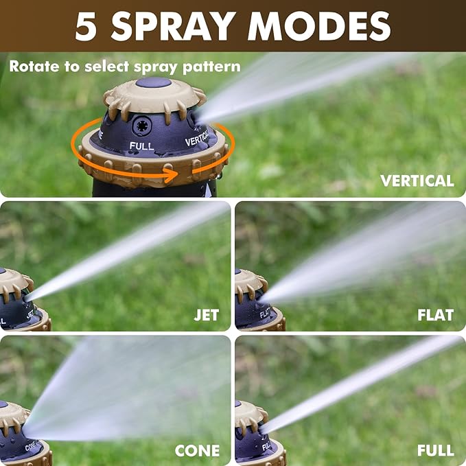 [2 Pack] RESTMO Gear Drive Sprinkler with Metal Spike Base, 5-Pattern Heavy Duty Gardening Watering System, Multi-Adjustable Lawn Sprinkle for Garden Plant, Flower Bed and Large Yard Area, Brown