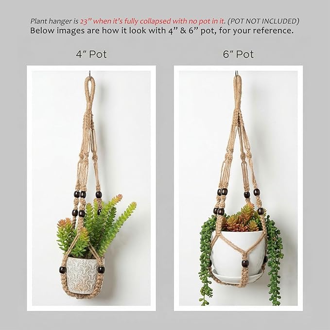 Macrame Plant Hanger 23", Set of 2 No Tassel Hanging Plant Holder Indoor, Sturdy Flower Pot Holder with Hooks - Brown (Pot NOT Included)