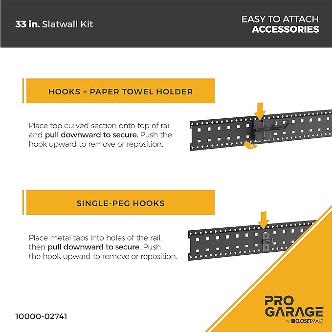 ClosetMaid ProGarage Slatwall Hang Track Kit, 33 in. W with Peg Board Hooks, Hangers, Paper Towel Holder, Garage Organizer System, Black
