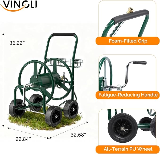 VINGLI 4-Wheel Garden Hose Reel Cart with Storage Basket, Portable Residential Hose Reel Cart, Lawn Watering, for Garden Backyard and Farm (Green 250FT)