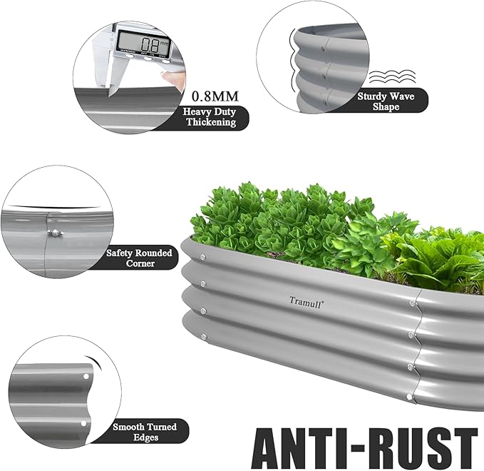 6 Pack 4x2x1ft Galvanized Raised Garden Bed Kit Oval Metal Ground Planter Box Outdoor Bottomless Planter Raised Beds for Vegetables Flowers Herbs Fruits, Gray