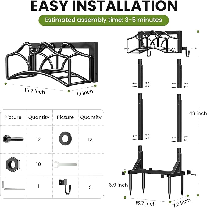 Garden Hose Holder Stand, Freestanding Heavy Duty Metal Organizer with Tool Hooks, Holds up to 150FT Hose, Easy Assembly, No Drilling, for Yard, Lawn, Garden, Patio & Backyard (Black-European)
