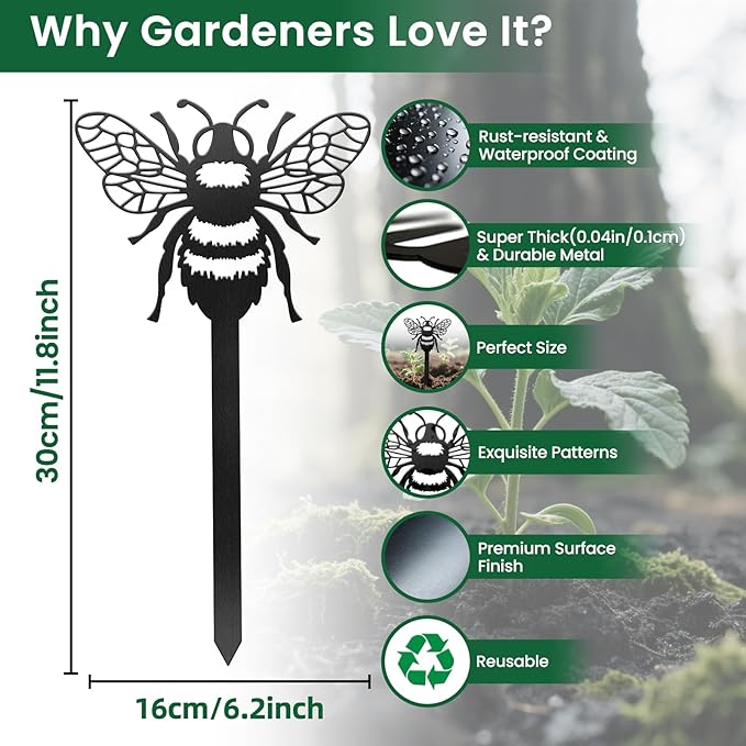 CUTHOLLOW Metal Plant Marker Stake Bee for Outdoor Indoor, Waterproof 11.8 inch Cute Garden Plant Labels Sign Tag for Vegetables, Farmhouse Greenhouse Decor - Funny Gardening Gifts
