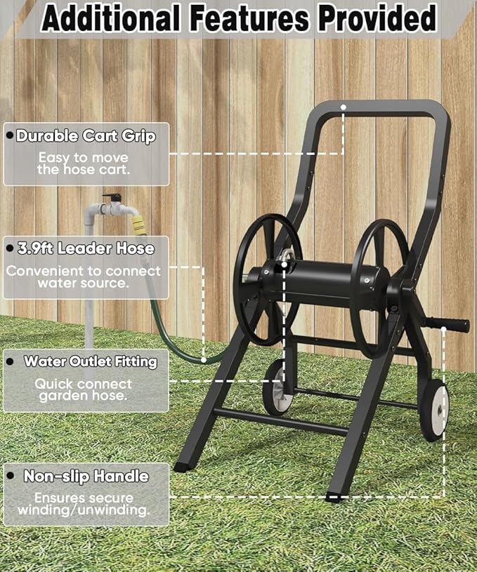 Garden Hose Reel Cart with Wheels, Outdoor Heavy Duty Powder-coated Steel Water Storage Winder Holder, Holds 125 ft of 5/8’’ Hose with 3.9 Ft Leader Hose for Outside Lawn Yard, Black