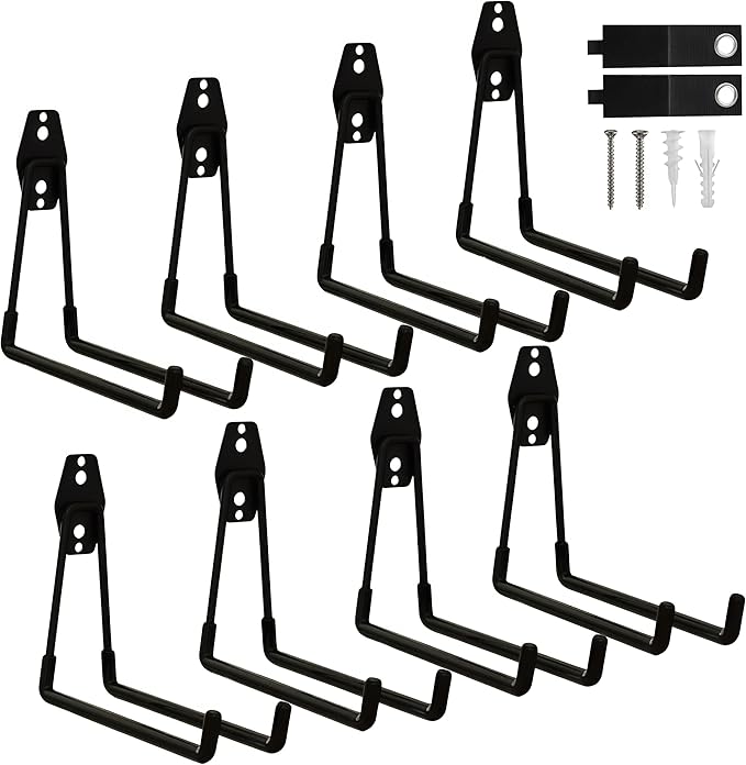 Garage Hooks Heavy Duty with Anti-Slip Coating, Steel Utility Ladder Hooks for Hanging Garden Tools, Hoses, Ropes, Bikes and More (8, 7.7in)