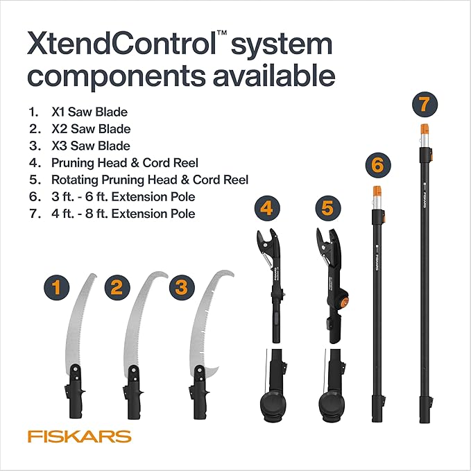 Fiskars XtendControl 14' Tree Pruner with 15" X2 Hook Bill Saw, Two Extension Poles (3-6 Ft and 4-8 Ft), Triple-Grind Blade for Fast Cutting, Lightweight Aluminum Pole Saw, Orange