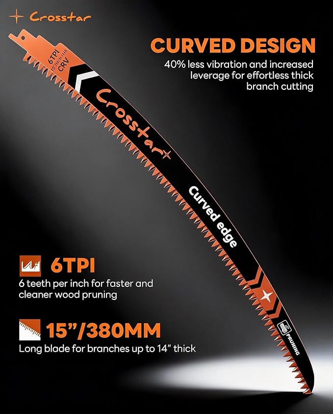Crosstar 15 Inch Japanese Teeth Arc Edge Reciprocating Saw Blades - 6TPI Wood Pruning Blades for Tree Trimming, Branch Cutting, 5-Pack