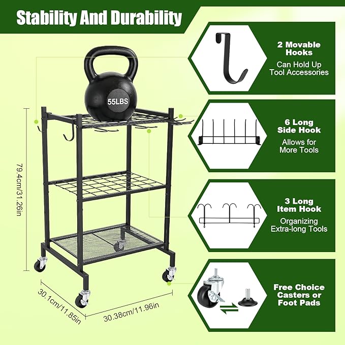 3 Tier Garden Tool Organizer with Wheels, Garden Tool Rack Rack Up to 50 Tools, Heavy Duty Metal Yard Tool Organizer for Garage with Hooks, Freestanding Lawn Tool Shovels for Shed&Outdoor Organization