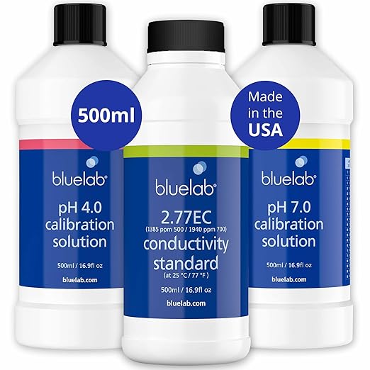 Bluelab Calibration Solution pH 4.0, 7.0 and 2.77 EC Conductivity Solution, 500 ml Each