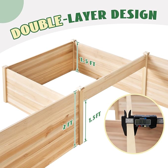 Jocisland H-Shaped Raised Garden Bed, 12x12x2 ft, 180 cu. ft Capacity, Double-Layer Wooden Planter Box for Outdoor Patio Garden