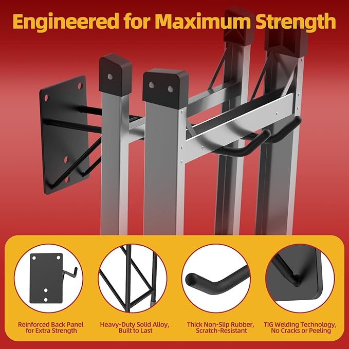 14'' Large Garage Hooks with 3 Support Rods, Heavy Duty Steel Garage Storage Wall Hooks for Garden Tool Organizer, Shed Organizer, Ladder Hooks, Car Tires, Chairs 2 Pack