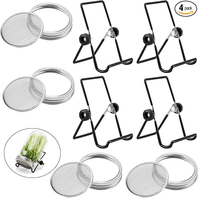 Sprouting Lids Growing Kit - 316 Stainless Steel Sprouting Lids for 86mm Wide Mouth Mason Jar with Adjustable Stands - Organic Sprouts, Broccoli, Alfalfa Mung Bean Sprout Kit (Set of 4)