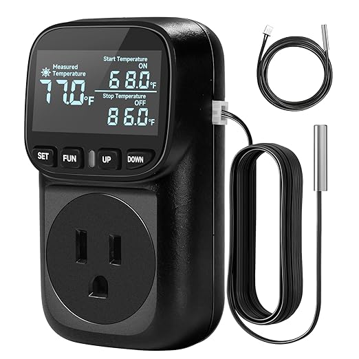 Reptile Thermostat Temperature Controller, Digital Timer Dimming Outlet for Greenhouse, Reptile Tank, Heat Pad, Seedlings, Fermentation, Brewing, Cyclic Timing/Countdown, 15A/1800W, VA Display