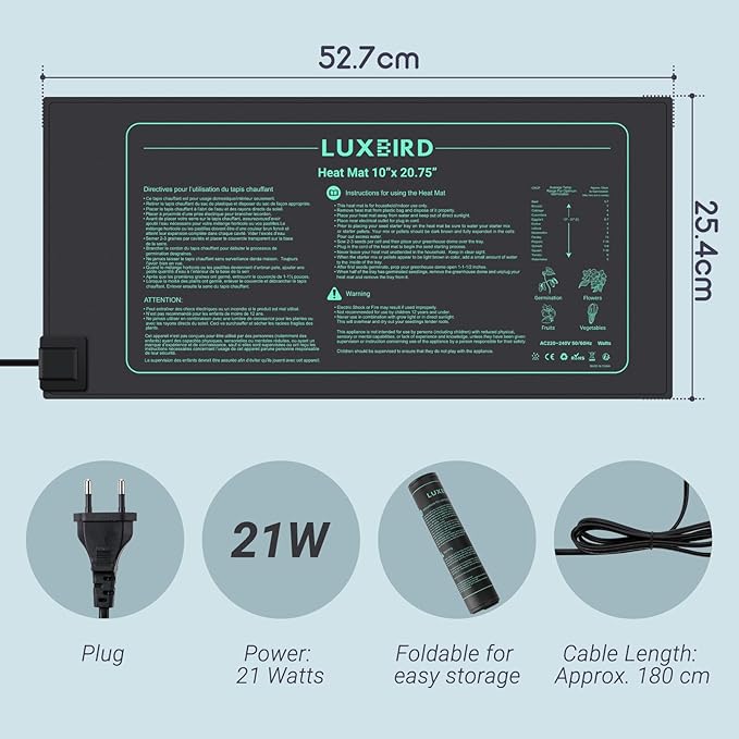 LUXBIRD Durable Waterproof Seedling Heating Mat 10”x 20.75” Warm Hydroponic Heating Pad for Indoor Plants Germination, IP67, MET Standard, LB-HM21W