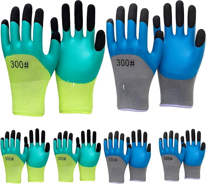 2/6 Pair Gardening Gloves ，Safety Work Gloves ，Rubber Protective Work Gloves with Gripper， Medium, Green and Blue