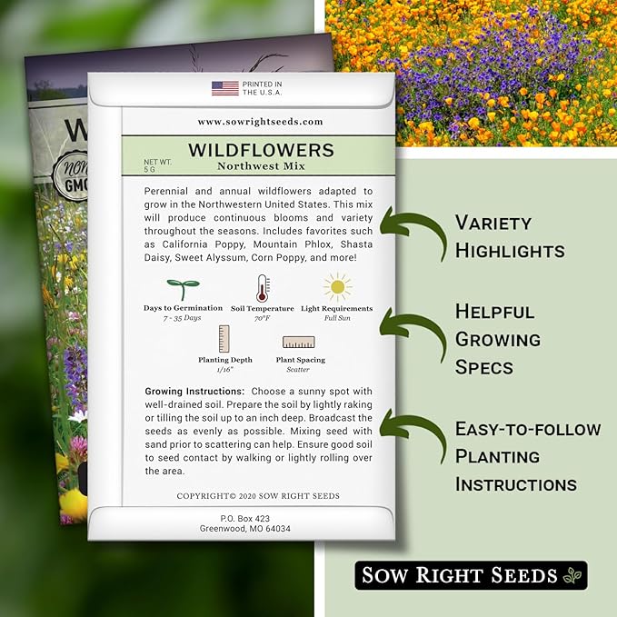 Sow Right Seeds - Wildflowers Seeds Mix for Planting in Northwest - Non-GMO Heirloom Varieties to Grow a Wild Flower Garden - Perennial and Annual Flowers to Attract Pollinators - Colorful Blooms (1)
