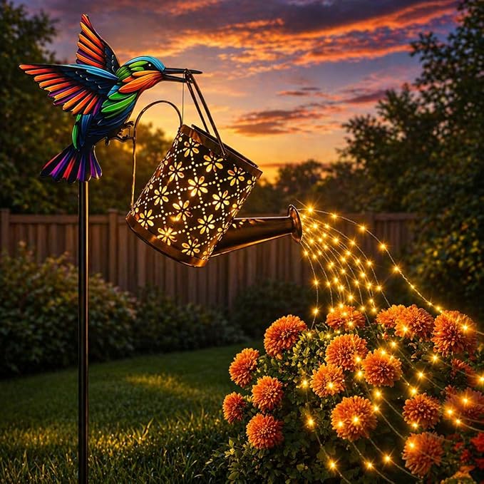 SSQPVEH Solar Watering Can Lights Outdoor, 30.7-Inch Metal Garden Stake Light with Hummingbird Hook, 36 LED Cascading Warm White Waterfall Light for Yard, Lawn, Patio, Garden Decor Gift for Mom
