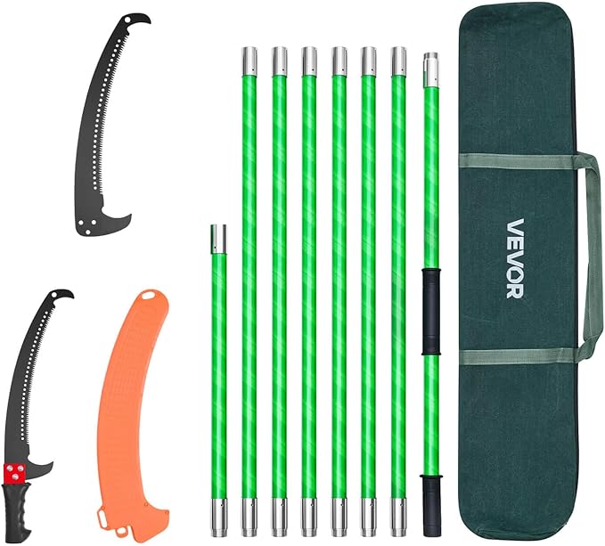 VEVOR Manual Pole Saw, 3.87-27 ft Extendable Pole Tree Pruner, Sharp 65Mn Steel Blade, Lightweight Fiberglass Handle Pole, Double-Hook Saw for High Branch Trimming, Pruning Tool for Palms, Shrubs