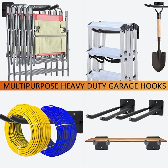 Sinoer Heavy Duty Double Garage Hooks 14 Inch Wall Mount Steel Utility Hooks, Tool Organizer for Ladders, Chairs, Ropes, Tires & Strollers (2 Pack)