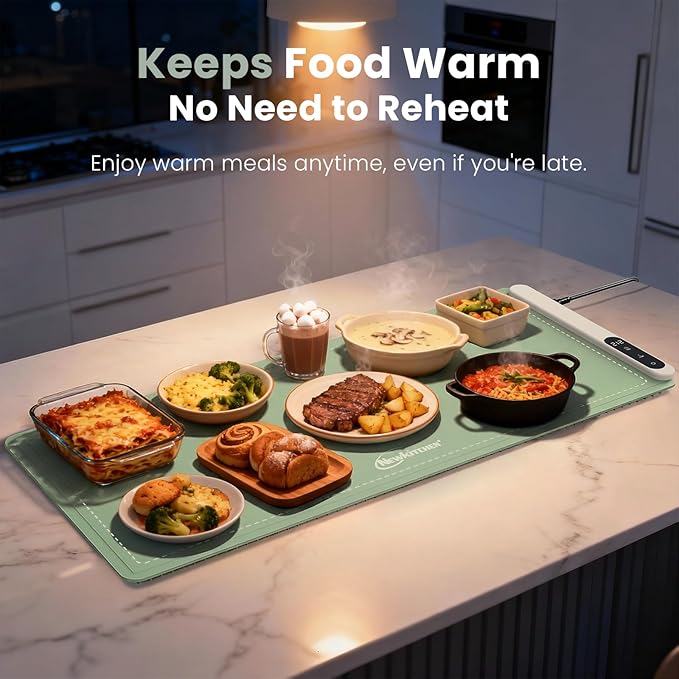 Warming Mat for Food, 36"x16" Food Warming Mat 6 Temperature & Timer Settings Upgrade Graphene Fast Full Surface Heating-Versatile Food Warmer for Gatherings, Parties, Everyday Use-Slate Gray Green