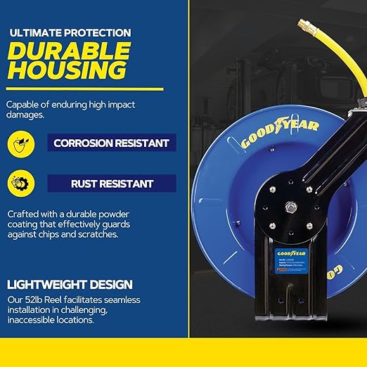 Goodyear Air Hose Reel Retractable 1/2" Inch x 65' Foot SBR Rubber Hose Max 300PSI Heavy Duty Industrial Steel Single Arm Construction