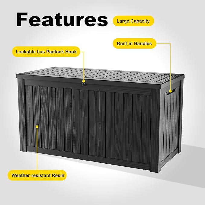 Vixzen 180 Gallon Resin Deck Box, Lockable Outdoor Storage Box for Patio Cushions Storage Furniture,Garden Tools, Pool Supplies, Weatherproof and UV Resistant（Black，180 Gallon）