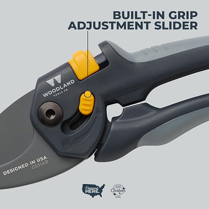Woodland Tools Co. Heavy Duty Bypass Pruning Shears – 5/8" Cut Capacity, High Carbon Steel Blade, Internal Spring, Adjustable Grip Slider, Garden Hand Pruner for Plants, Shrubs, and Live Stems