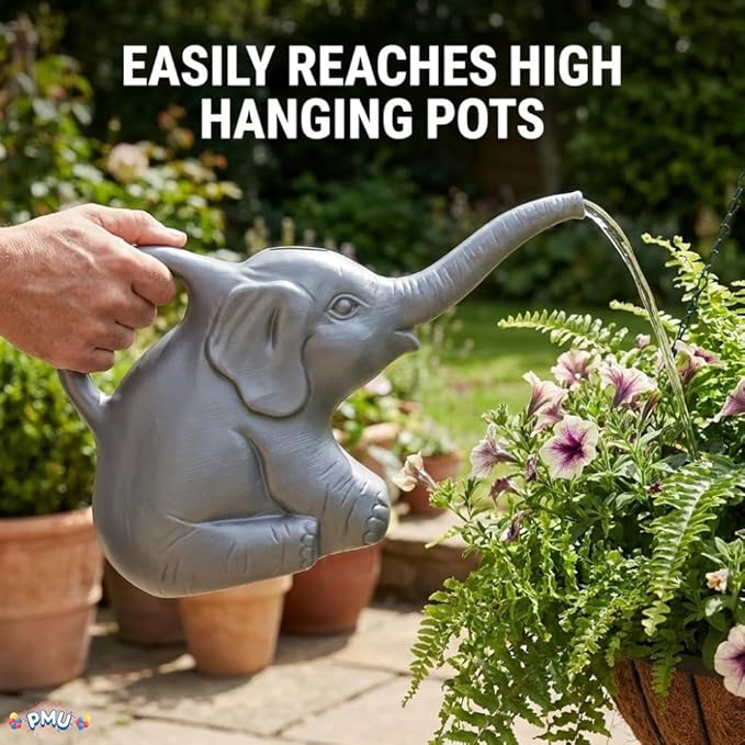 2-Quart Elephant Watering Can – Durable Plastic Garden Watering Can for Indoor & Outdoor Plants, Easy-Pour Spout, Large Water Pot, Gray