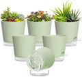 Plant Pots 4 Inch Self Watering Pots,6 Pack Plastic Planters with Drainage Holes and Clear Saucers,Plastic Flower Pots,Nursery Planting Pot for Indoor Out Door Plants (Green)