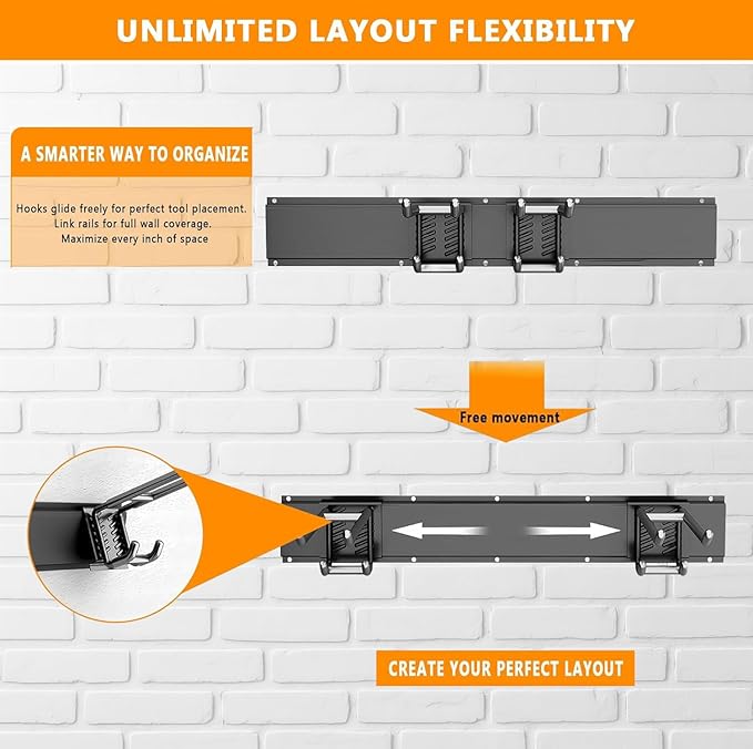 64'' Garage Tool Organizer Wall Mount - Heavy Duty 680 lbs Capacity Tool Rack with 10 Adjustable Hooks, Wall Mounted Storage System for Garage, Shed, Workshop (Black)