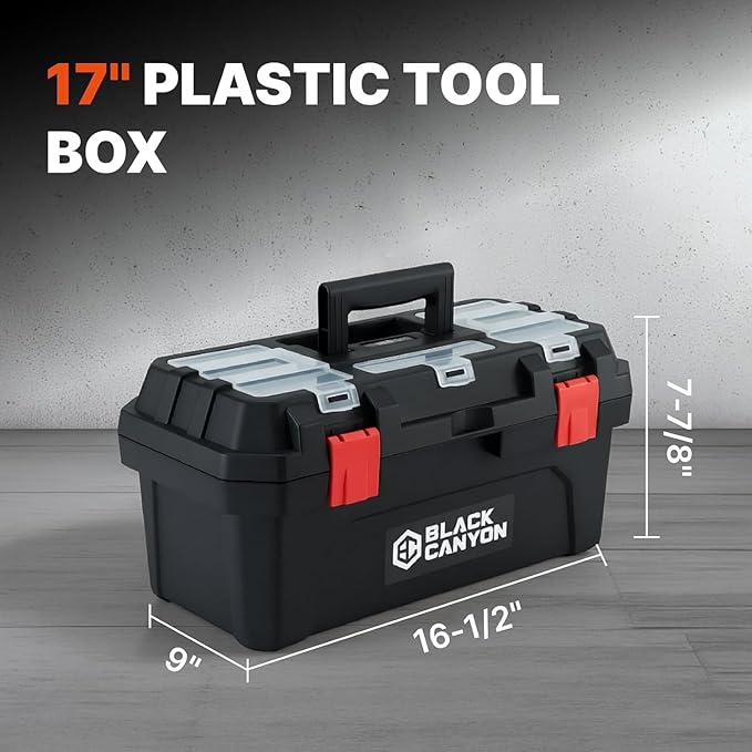 Black Canyon 17 Inch Plastic Tool Box, Support up to 44 lbs,Dual-Layer Design, Flexible for Stacking, Top-Lid Storage, Ideal for DIY, Workshop
