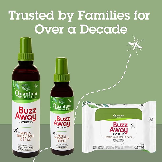 Quantum Health Buzz Away Extreme Tick & Mosquito Repellent DEET Free Peppermint & Citronella Oil Outdoor Bug Spray Powerful Plants Repel Bugs Off Your Skin, Kids Safe Insect Repellent- 8 Ounce