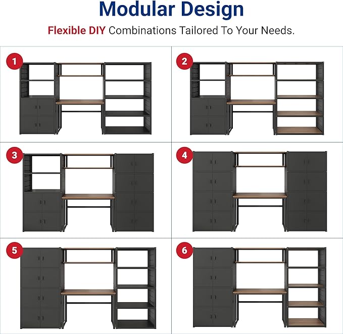 FLEXIMOUNTS Modular Garage Storage Cabinet System, All-in-One Garage Cabinet Set with Workbench & Pegboard, 6-Door with Open Shelf Access Heavy Duty Steel Tool Organization System, Black, FLEXIMOD