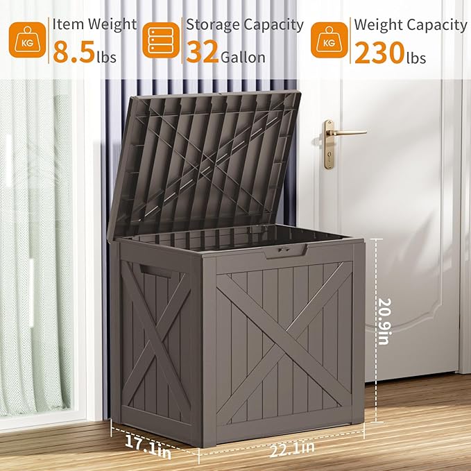 Vixzen 32 Gallon Resin Deck Box - Lockable Outdoor Storage for Patio Cushions, Garden Tools, Pool Supplies（Grey，32 Gallon）