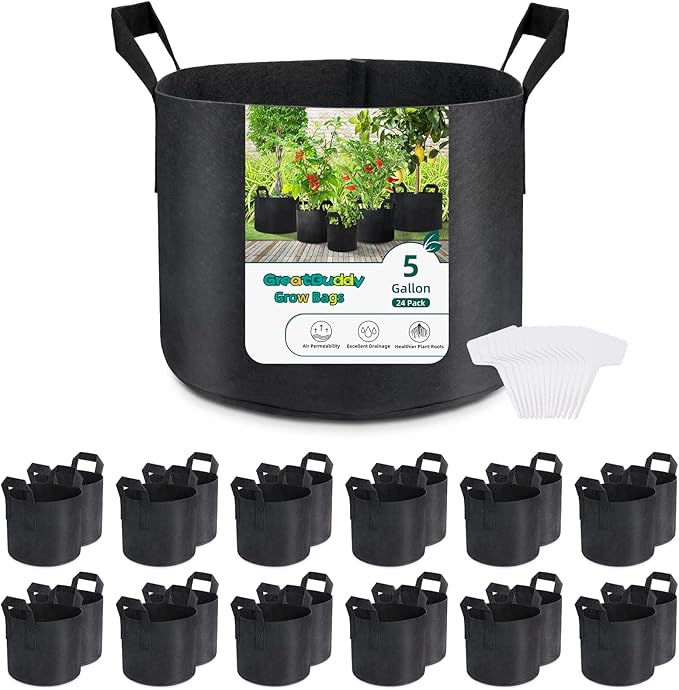 GreatBuddy 5 Gallon Grow Bags 24-Pack, Thick Fabric Pots for Plants, Sturdy Handles & Reinforced Stitching, Labels Included, Black
