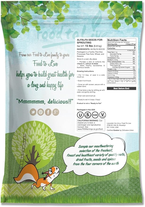 Food to Live Alfalfa Seeds for Sprouting, 15 Pounds – Edible Seeds, Pure, Vegan, Kosher, Bulk. Rich in Vitamin K & C. High Germitation Rate. Grow Sprouts, and Microgreens for Salad, Sandwiches, Rolls.