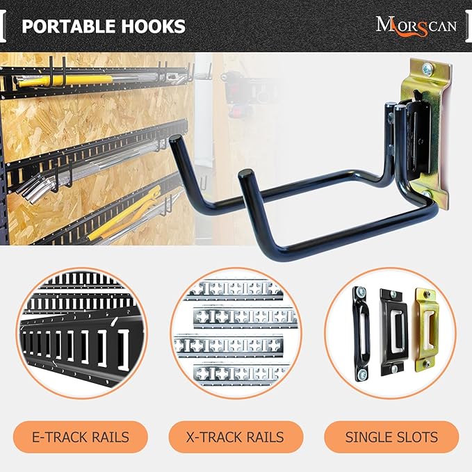 4 Pack E Track Double J Hooks, Heavy Duty Black Large Steel Shovel/Tool Hanger for Store Long Handled Tools, E Track Tie Down Accessories for Trailers, Trucks, Garden Tools Organizers Storage