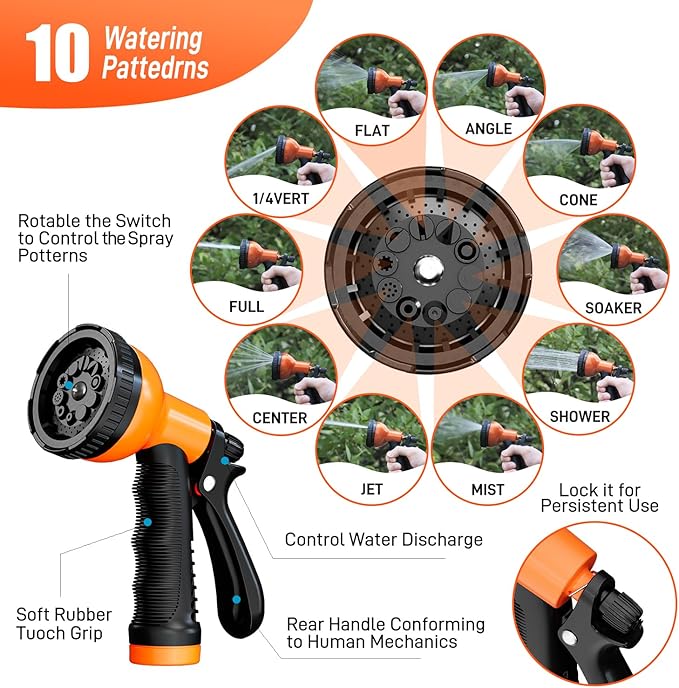 Garden Hose 100FT Stainless Steel Water Hose with 10 Functions Adjustable Spray Nozzle, Heavy-Duty Metal Garden Hose Flexible Durable No-Tangle & Kink Leak Dog Proof Hose for Yard Lawn(Orange)